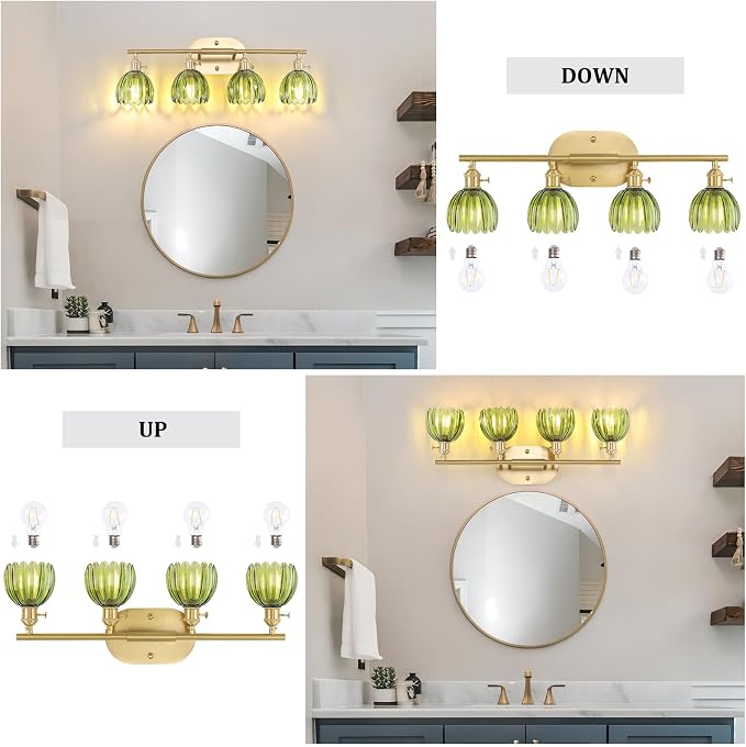 Shenmoyl Bathroom Light Fixtures, 4-Light Brass Vanity wall Light Over Mirror with Green Tulip Glass Shade for Bedroom Living Room (Bulb Not Included)