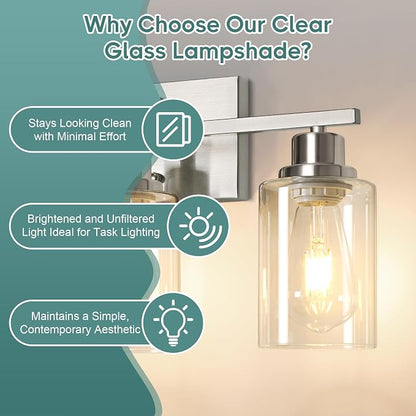 Ascher Bathroom Light Fixtures, 3-Light Vanity Light Over Mirror, Brushed Nickel Wall Sconces with Clear Glass Shades, Wall Lamp for Living Room Bedroom, E26 Base(Bulbs Not Included)