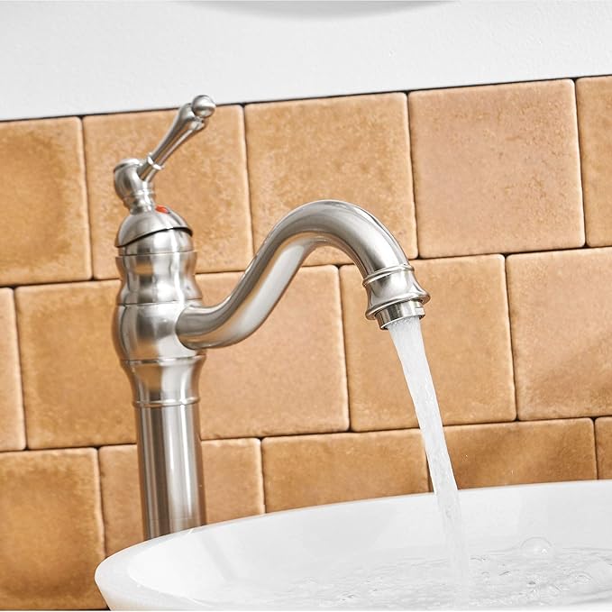 BWE 360°Swivel Bathroom Vessel Sink Faucet Brushed Nickel Single Handle One Hole Lavatory Mixer Tap with Pop Up Drain Assembly Without Overflow and Supply Line Tap Body
