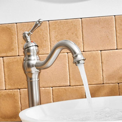 BWE 360°Swivel Bathroom Vessel Sink Faucet Brushed Nickel Single Handle One Hole Lavatory Mixer Tap with Pop Up Drain Assembly Without Overflow and Supply Line Tap Body