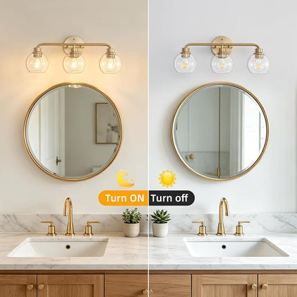 22 Inch Bathroom Light Fixtures Gold Vanity Light 3 Light Brushed Brass | Intrfimaso Wall Sconces Lighting with Clear Globe Glass Shades Bath Wall Lamp for Mirror Living Room Bedroom Hallway