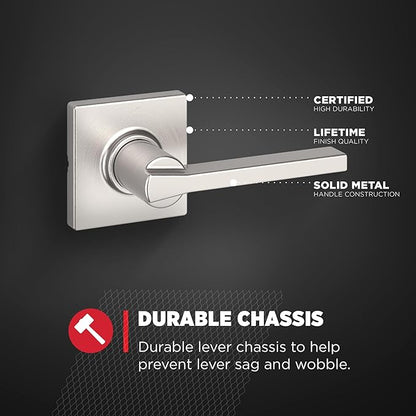 Kwikset Casey Interior Passage Door Handle, Lever for Closet and Hallway Doors, Reversible Non-Locking Handle Lever, Satin Nickel, with Microban Protection (Pack of 2)