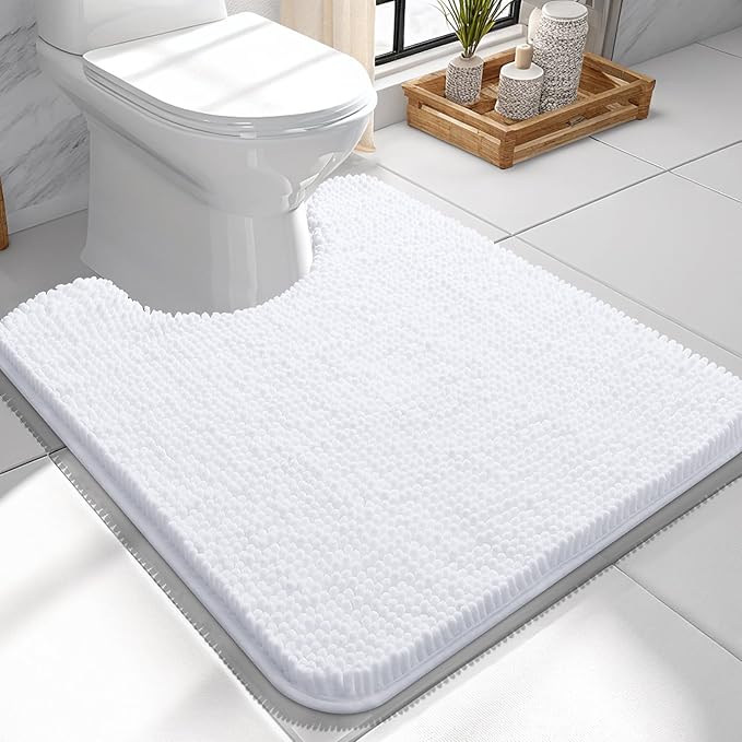 OLANLY Toilet Rugs U-Shaped 24x24, Soft Absorbent Chenille Contour Rugs | White, Quick-Drying Rubber Backing, Machine Washable Non-Slip Shaggy Bathroom Mat for Toilet, Home Decor Accessories
