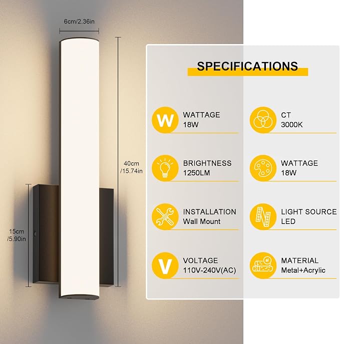 15.7 Inches Modern Bathroom Led Wall Sconces,18W 3000K Hardwired Wall Light with White Acrylic Lampshade,Indoor Bathroom Vanity Light for Mirror Bedroom Living Room Hallway(Black,2Pack)