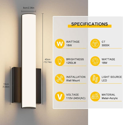 15.7 Inches Modern Bathroom Led Wall Sconces,18W 3000K Hardwired Wall Light with White Acrylic Lampshade,Indoor Bathroom Vanity Light for Mirror Bedroom Living Room Hallway(Black,2Pack)