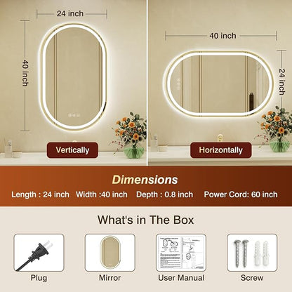 24x40 Inch Oval Gold Framed LED Bathroom Mirror with Lights, Built-in Bluetooth Speaker,Tempered Glass,Dimmable Lighted Bathroom Vanity Mirror with 3 Colors, Backlit + Frontlit, Memory, Anti-Fog