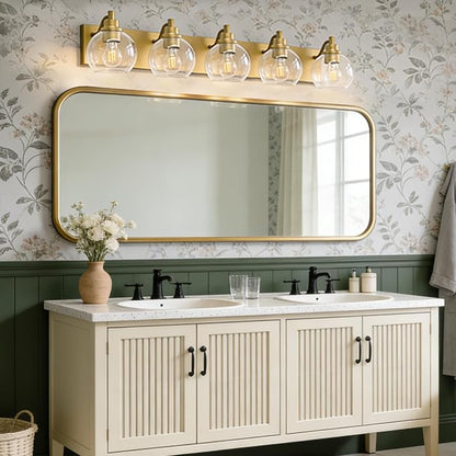 IZORRO Bathroom Light Fixtures, 5-Light Brushed Gold Vanity Light, Modern Wall Sconces with Globe Clear Glass Shade, Vanity Lighting Fixtures Over Mirror,E26 Bulb Socket