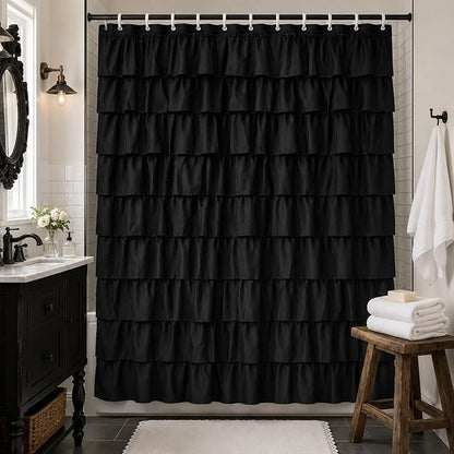 Black Ruffle Shower Curtain for Bathroom, 72x72, Cascading Layered Ruffles | Flowing Ruffle Drape, 72 x 72 inch, 7ft, 12 Plastic Hooks Included, Machine Washable, Soft Brushed Microfiber Fabric