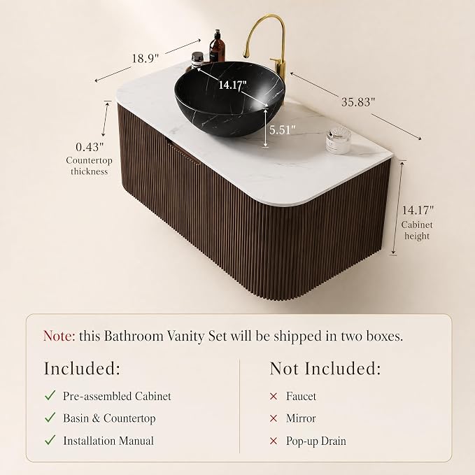 36 Inch Bathroom Vanity with Sink, Floating Wall Mounted Single Sink Vanity, Dark Walnut Curved Fluted Front, Stone Top, Black Marble Vessel Basin, Pre-Assembled