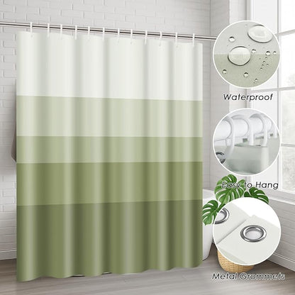Bathroom Sets with Shower Curtain and Rugs, 4 Pcs, Ombre Striped | Minimalist Green Modern Bathroom Decor Set with Toilet Lid Cover, Non-Slip Bath Mats and Accessories 12 Hooks