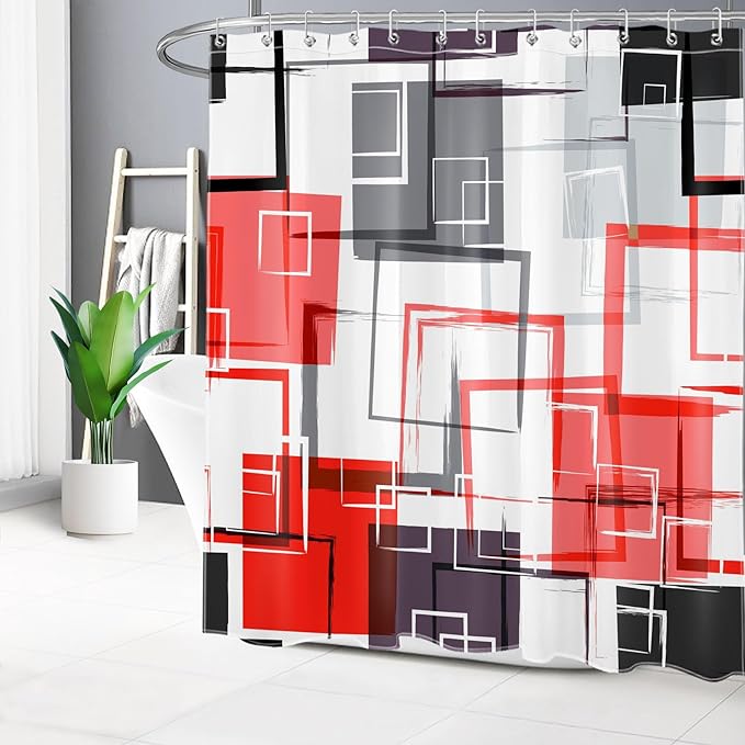 Red Geometric Modern Shower Curtain for Bathroom Decor,Grey Black and White Abstract Striped Shower Curtain with Hooks Mid Century Minimalist Bathroom Shower Curtain Set,72L X 72W inches