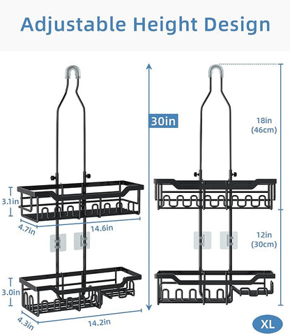 Shower Caddy Hanging Organizer, Extra Large Rack Over Showerhead with Hooks, Adjustable Height Shower Caddy for Big Shampoo Bottle, Black