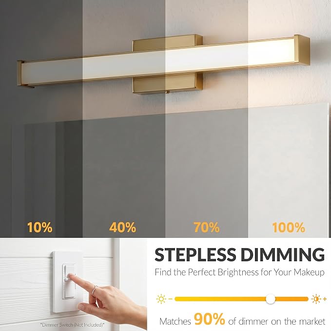 URSOLA 24" Modern LED Bathroom Light Fixtures, Golden 3CCT Dimmable Bathroom Vanity Light Over Mirror, Bathroom Vanity Bath Bar Lights with Double Layer Acrylic Shade