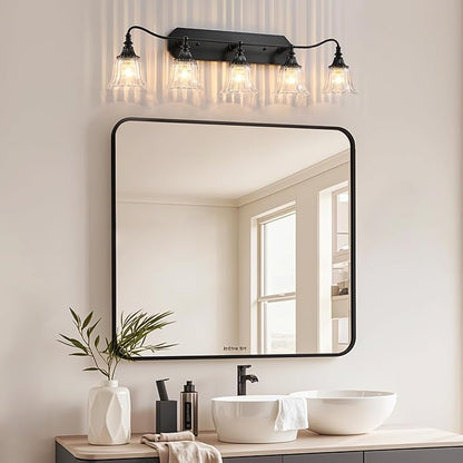 Bathroom Vanity Black Vintage Light Fixture, 5 Lights Bathroom Lighting Matte Antique Brass Finish with Crystal Glass Shade, Black Vintage Vanity Light