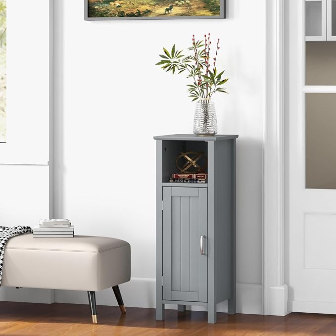 Giantex Narrow Bathroom Storage Cabinet with Open Compartment (Grey) | Freestanding Small Storage Organizer with Adjustable Shelf, Anti-toppling Device, Corner Unit for Living Room