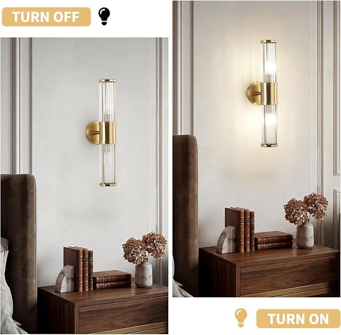 Modern Brushed Brass Vanity Light Fixture 1 Pack, Dual Glass Rods Wall Sconce for Bathroom, Double Light Socket E12 Candelabra Base, Mirror Vanity Lighting (Bulbs Not Included)