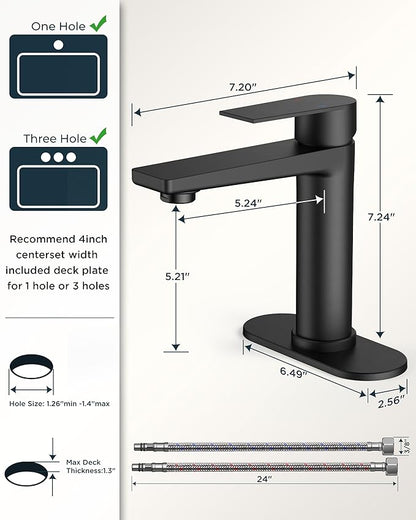 FORIOUS Black Bathroom Faucet 1 Hole, Single Lever Bathroom Sink Faucet Single Hole with Pop-up Drain and Supply Line, Rv Vanity Tap 1 or 3 Hole with Deck Plate for Lavatory Sink Remodel