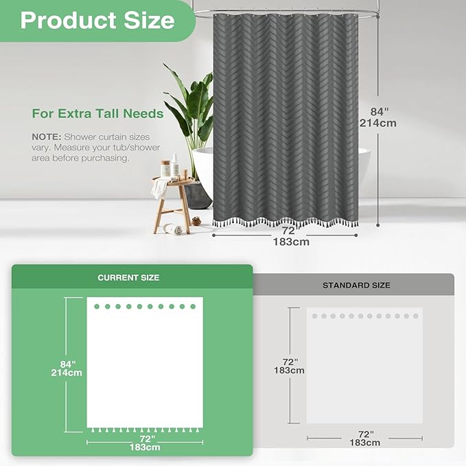 Dynamene Extra Long Shower Curtain, 84 Inch Long Boho Tufted Chevron Striped Fabric Shower Curtain for Bathroom, Tall Shabby Chic Waterproof Cloth Shower Curtain Set with Hook, Charcoal Grey, 72x84