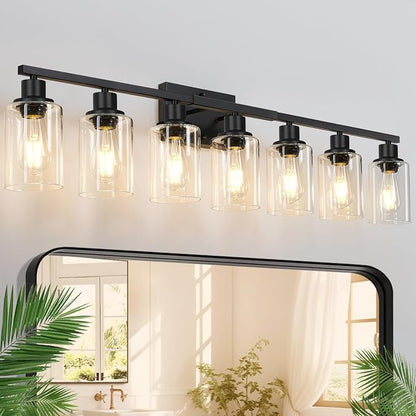 Indoi 7-Light Bathroom Light Fixtures, Matte Black Modern Vanity Lights with Clear Glass Shades, Bathroom Wall Lamp for Mirror Living Room Cabinet Bedroom Porch