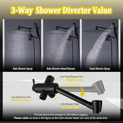 All Metal 12" Rainfall Shower Head with Handheld Spray Combo, High Pressure Rain Shower Heads with Adjustable Extension Arm, Wide Dual Waterfall Showerhead, Extra Long Shower Hose - Matte Black