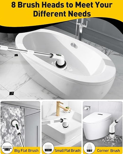 Electric Spin Scrubber for Bathroom, Shower Scrubber with Long Handle | Shower Cleaner Brushes, IPX7 Waterproof & 2 Speed, 8 Brush Heads, 90min Runtime, Bathroom Cleaning Supplies for Toilet Tub