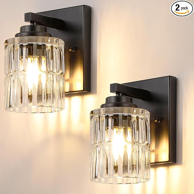 TALOYA Brushed Black 2 Pack Wall Sconces with Fluted Cylinder Glass Shade | Modern Vanity Lighting Fixtures, Bathroom Lights Over Mirror, Wall Mount Mirror Light Fixtures for Bathroom Hallway Bedroom