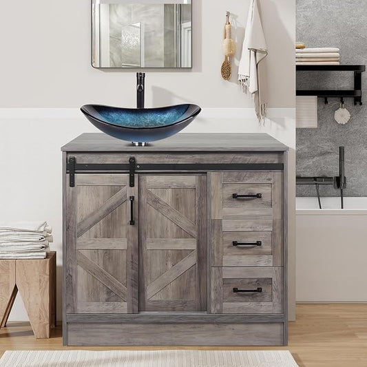 36 Inch Barn Door Bathroom Vanity, Farmhouse Style Standing Pedestal Cabinet with Blue Boat Glass Vessel Sink