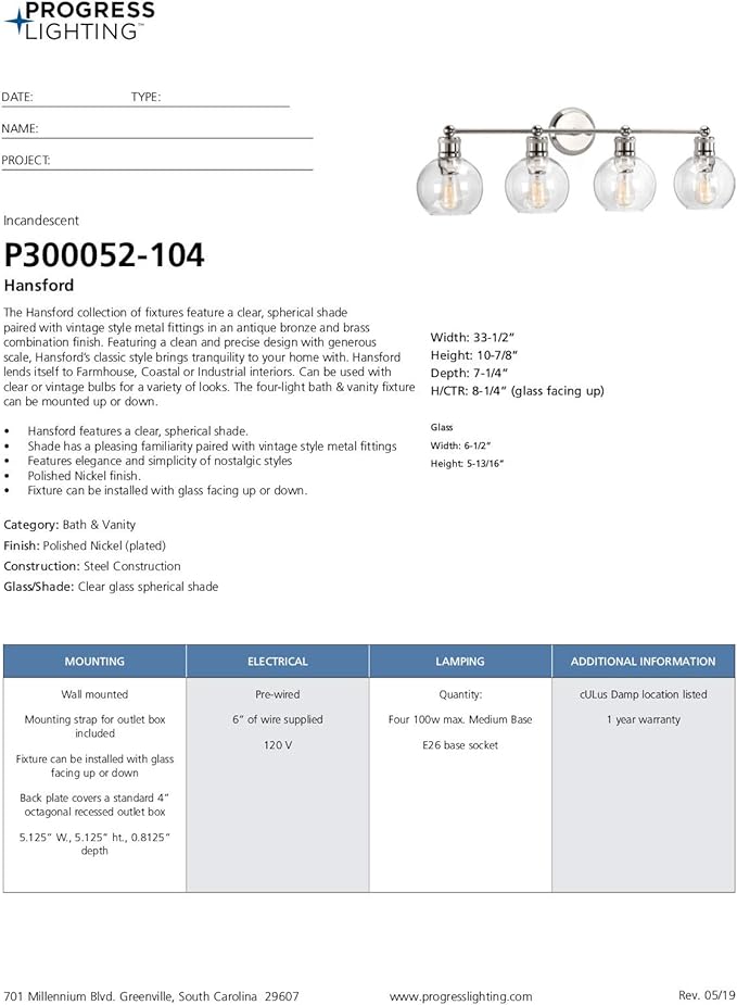 Progress Lighting P300052-104 Hansford Bath & Vanity, 4 Light, Polished Nickel