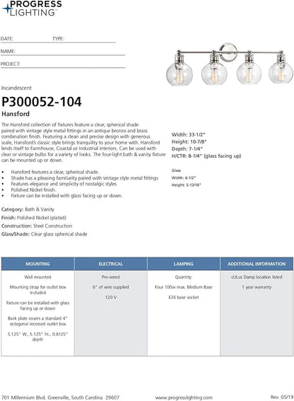 Progress Lighting P300052-104 Hansford Bath & Vanity, 4 Light, Polished Nickel