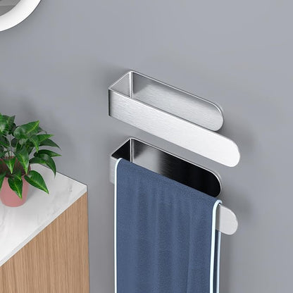 HUFEEOH 2 Pack Adhesive Hand Towel Holder, Sticky Towel Bar Towel Holder Wall Mounted, Stainless Steel Kitchen Towel Holder Hand Towel Rack for Bahtroom Hotel RV Kitchen (Silver)
