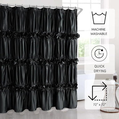 Homechoice Decor Black Handcrafted Bow Tie Shower Curtain 72" W x 72" H | Vintage Ruffle Bath Curtain for Master Bathroom, Ruched Satin Bathroom Curtain with 12 Buttonholes (LQ-10)