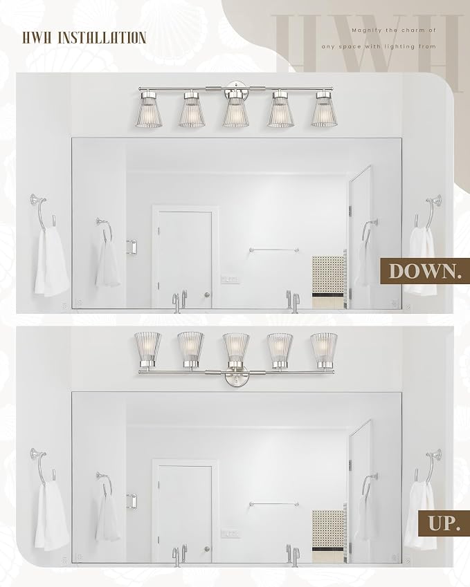 Brushed Nickel Bathroom Vanity Light, HWH 5-Light Bathroom Light Fixtures Modern Wall Vanity Lamp for Bathroom Over Mirror, Clear Striped Glass Shade, 5HZG97B-5W BN