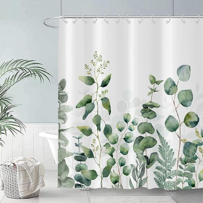 Botanical Shower Curtain, Green Eucalyptus Leaf Plants Bathroom Curtains Rustic for Bathtub Decor Machine Washable Waterproof Fabric with 12 Hooks and White 78''Lx72''W GCI-10119