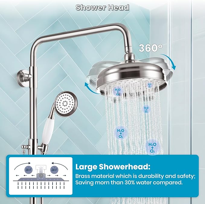 gotonovo Luxury Exposed Shower Faucet Set Bathroom Shower System 8 Inch Wall Mount Rainfall Shower Head with Handheld Spray Cross Double Handle Shower Fixture Adjustable Straight Rod Brushed Nickel
