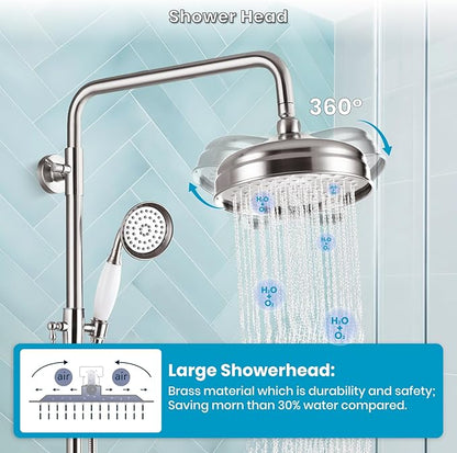 gotonovo Luxury Exposed Shower Faucet Set Bathroom Shower System 8 Inch Wall Mount Rainfall Shower Head with Handheld Spray Cross Double Handle Shower Fixture Adjustable Straight Rod Brushed Nickel