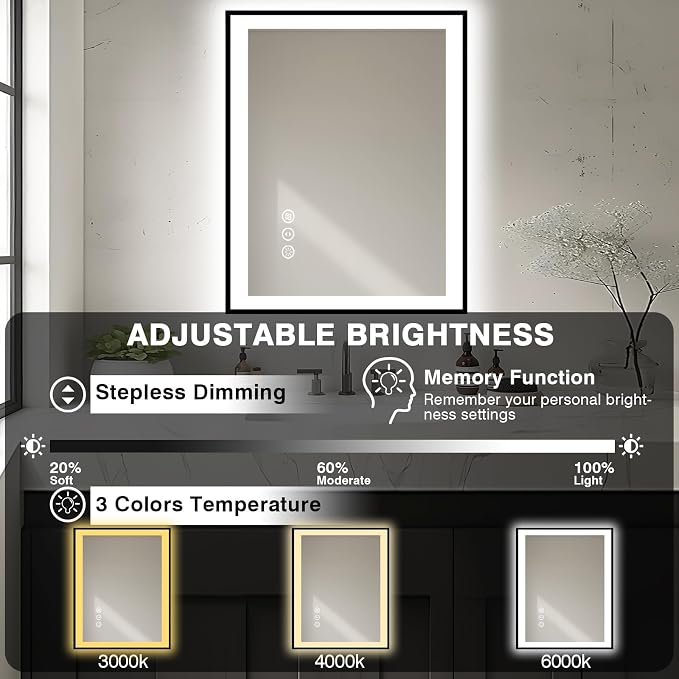 EchosLife 28x32 LED Bathroom Mirror - Black Aluminum Framed | Black Frame, Front and Backlit, Anti-Fog, Stepless Dimmable, 3 Colors, Memory, Tempered Glass, UL Listed, Horizontal/Vertical