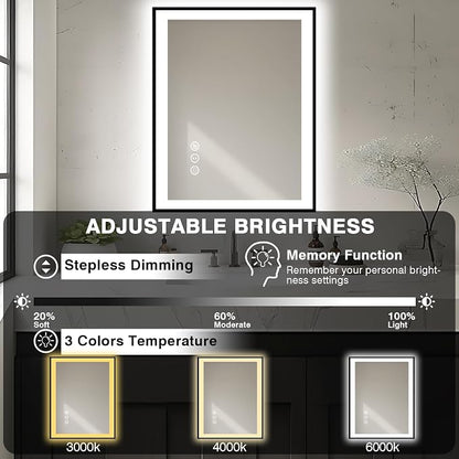 EchosLife 28x32 LED Bathroom Mirror - Black Aluminum Framed | Black Frame, Front and Backlit, Anti-Fog, Stepless Dimmable, 3 Colors, Memory, Tempered Glass, UL Listed, Horizontal/Vertical