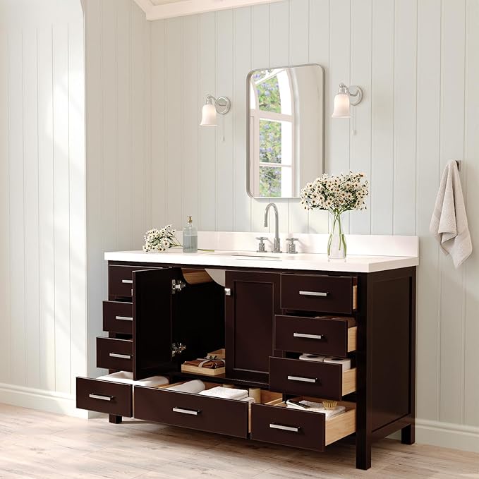 ARIEL Cambridge 60-inch Bathroom Vanity with Sink,Solid Wood, 1.5-inch Pure White Quartz Countertop, Single Rectangular Porcelain Sink, 2 Soft Closing Doors, 9 Dovetail Drawers, Espresso