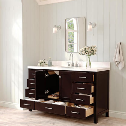 ARIEL Cambridge 60-inch Bathroom Vanity with Sink,Solid Wood, 1.5-inch Pure White Quartz Countertop, Single Rectangular Porcelain Sink, 2 Soft Closing Doors, 9 Dovetail Drawers, Espresso