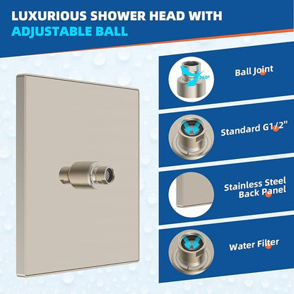 Hibbent cUPC Certified High Pressure 12'' Rain Shower Head, Brushed Nickel | Thickness Metal Showerhead, Square Large Bathroom Rainfall Shower Head, Adjustable Brass Ball, Waterfall Full Body Coverage
