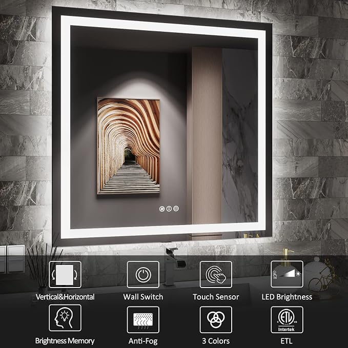 LED Bathroom Mirror, 38"X38" with Front Light and Backlit | Stepless Dimmable, Anti-Fog, Shatter-Proof, HD Reflection, Memory, 3 Colors Lighting Square Mirror, UL Listed
