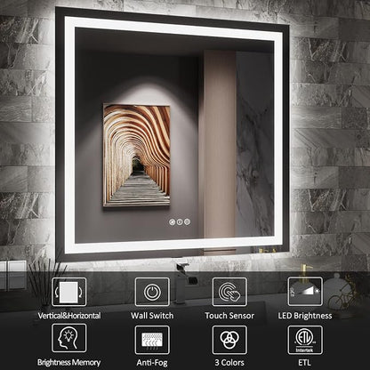 LED Bathroom Mirror, 38"X38" with Front Light and Backlit | Stepless Dimmable, Anti-Fog, Shatter-Proof, HD Reflection, Memory, 3 Colors Lighting Square Mirror, UL Listed