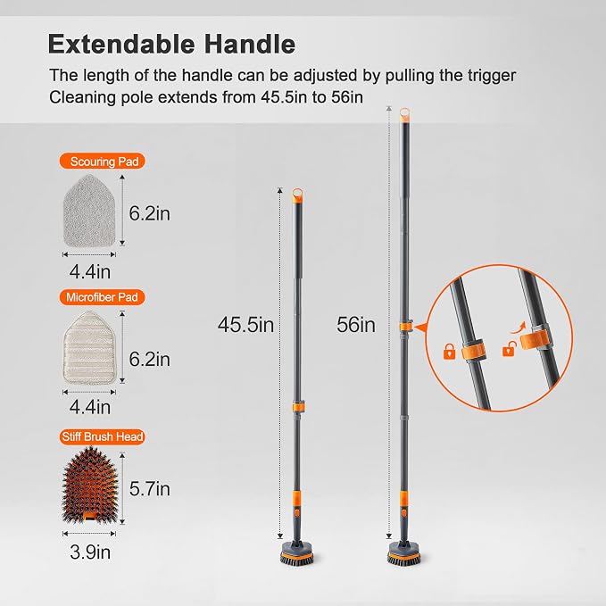 CLEANHOME Tile Tub Scrubber Brush for Cleaning Toilet Wall,Bathtub,Sink | 3 Different Function Cleaning Heads, 56" Extendable Long Handle, Bathroom No Scratch Shower Scrubber