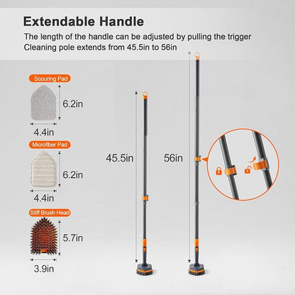 CLEANHOME Tile Tub Scrubber Brush for Cleaning Toilet Wall,Bathtub,Sink | 3 Different Function Cleaning Heads, 56" Extendable Long Handle, Bathroom No Scratch Shower Scrubber