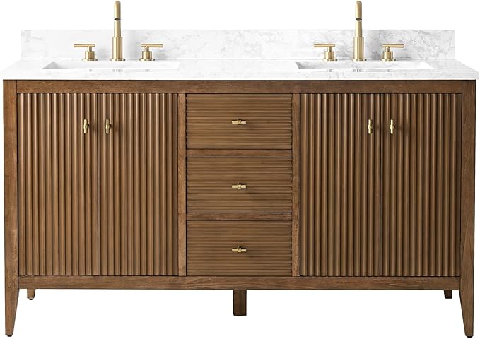 HOMEBEYOND 60" Bathroom Vanity with Double Sink, Solid Wood Bathroom Vanity Free-Standing Cabinet, Ceramic Top & Soft Closing Door, Golden Brushed Handware, Walnut