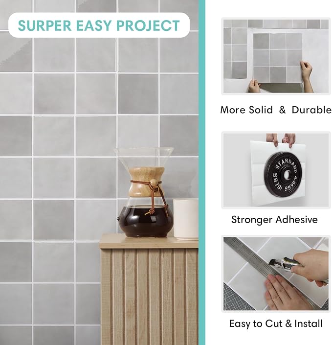 Commomy Thicker Gray Peel and Stick Tiles - 10 pcs of 12" x 12" - 3D Adhesive Square Peel and Stick Tiles Backsplash for Kitchen, Bathroom, Removable, Waterproof, Vinyl Wall Tile (Gray)