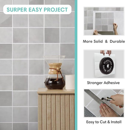 Commomy Thicker Gray Peel and Stick Tiles - 10 pcs of 12" x 12" - 3D Adhesive Square Peel and Stick Tiles Backsplash for Kitchen, Bathroom, Removable, Waterproof, Vinyl Wall Tile (Gray)