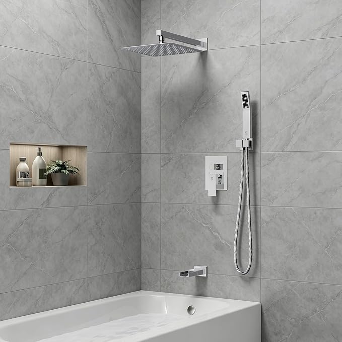SR SUN RISE 12 Inch All Metal Square Shower System with Tub Spout, Tub Shower Faucet Set, High Pressure Rain Shower Head and Handheld Sprayer Shower Fixtues, Valve Included, Polished Chrome