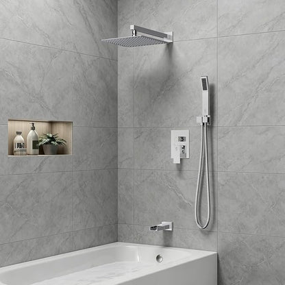 SR SUN RISE 12 Inch All Metal Square Shower System with Tub Spout, Tub Shower Faucet Set, High Pressure Rain Shower Head and Handheld Sprayer Shower Fixtues, Valve Included, Polished Chrome