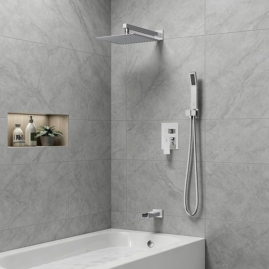 SR SUN RISE 12 Inch All Metal Square Shower System with Tub Spout, Tub Shower Faucet Set, High Pressure Rain Shower Head and Handheld Sprayer Shower Fixtues, Valve Included, Polished Chrome